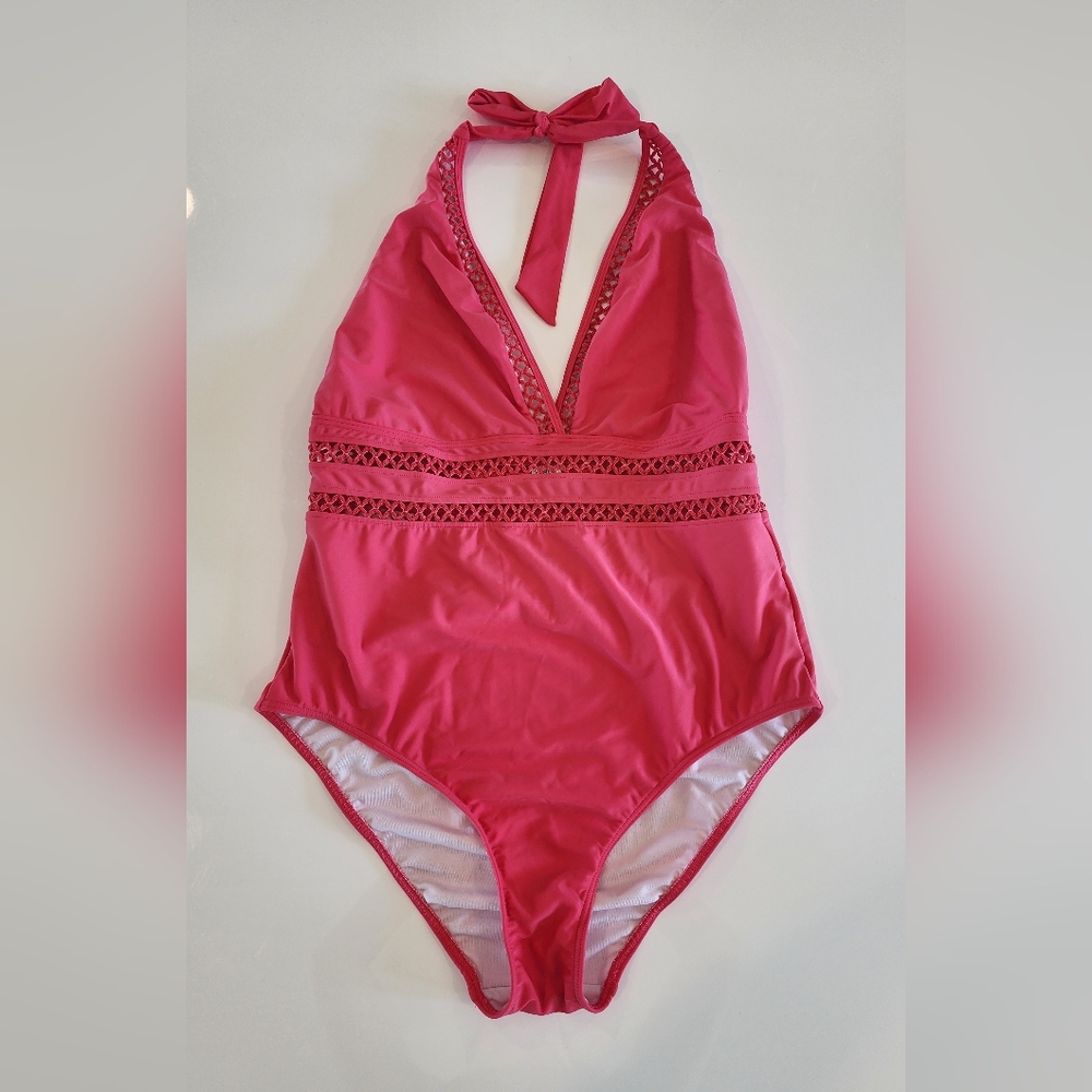 Venus halter lattice trim one piece Swimsuit in Coral Pink Plus Size 18